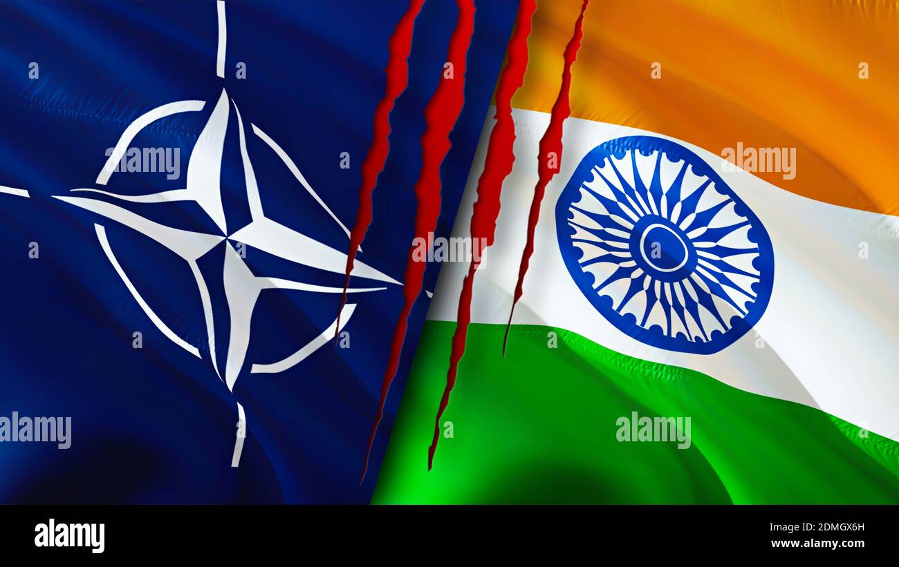 NATO and India flags with scar concept. Waving flag,3D rendering. India