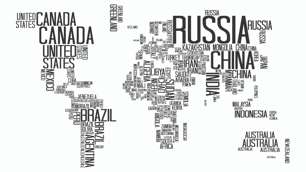 Map displaying the name of a country through visual representation.