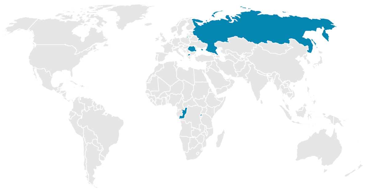 Map highlighting countries that start with the letter R