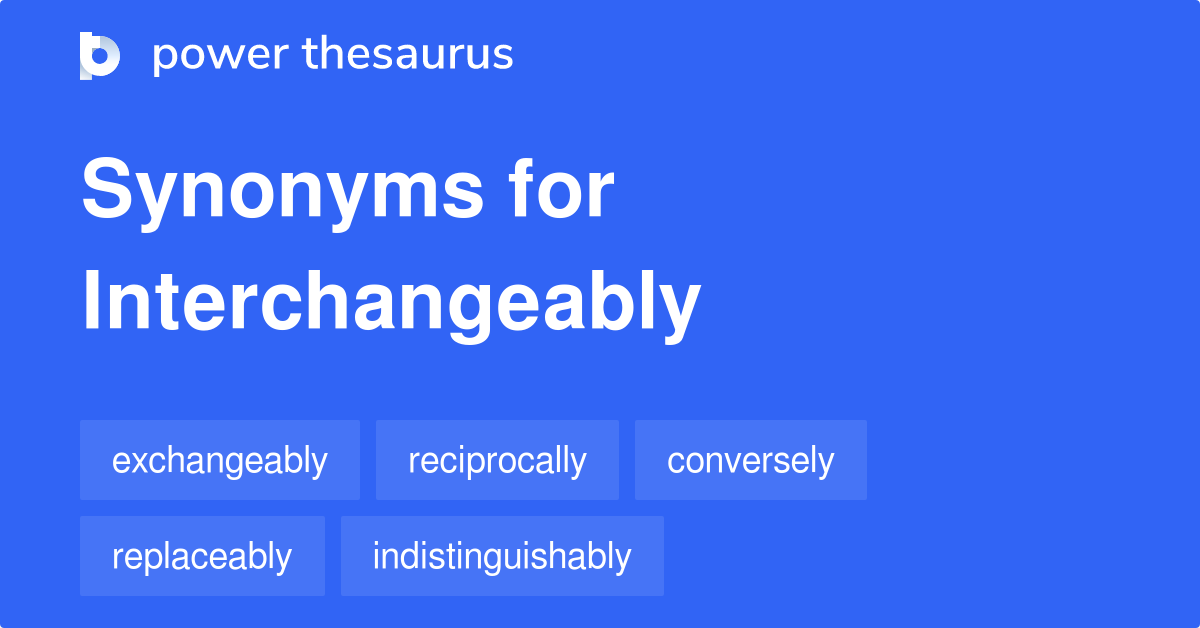 A word cloud displaying synonyms for 'interchangeably' such as identically, equally, similarly, and equivalently.